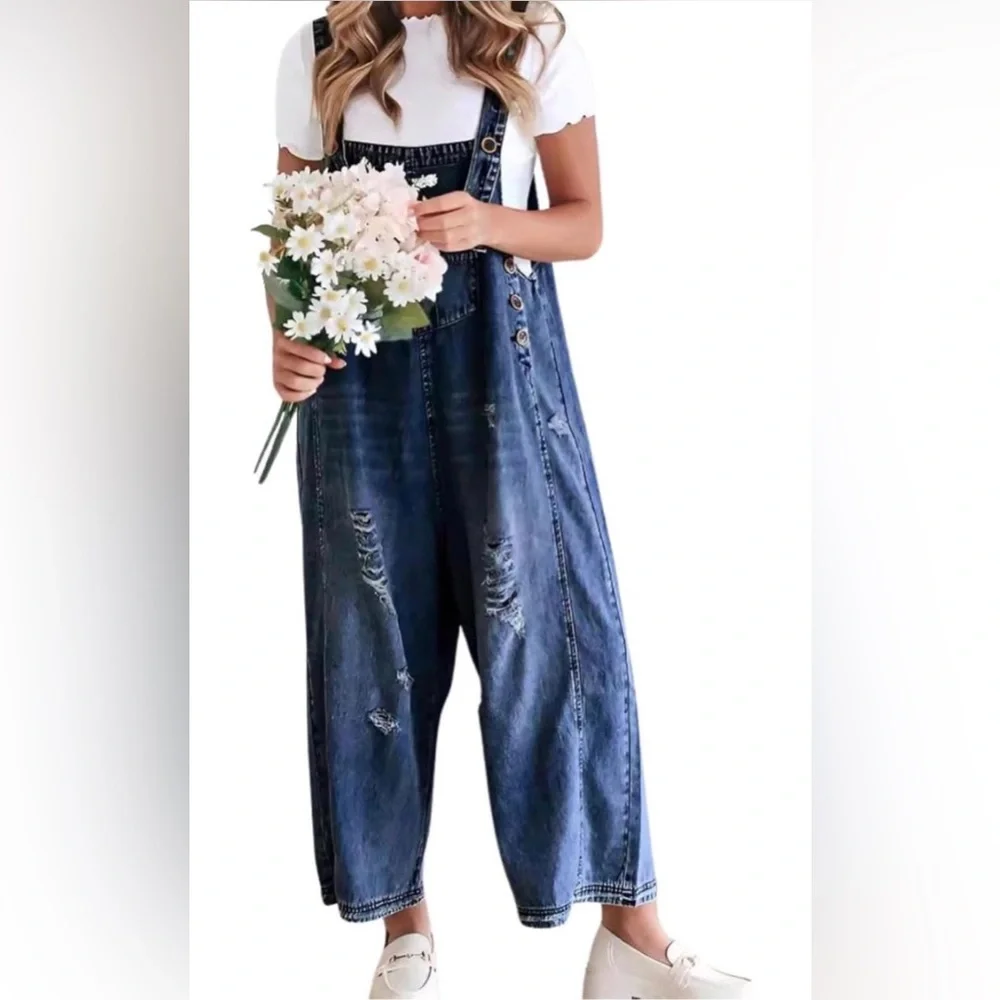 Wide Leg Distressed Oversized Jean Overalls - Picture 14 of 14